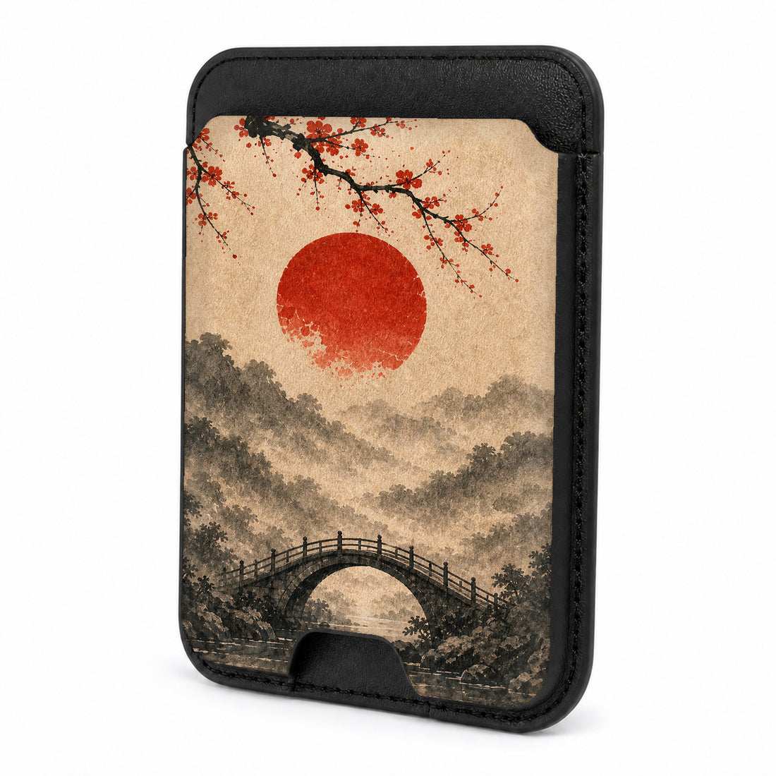 Front view of the Red Sun Mountain Bridge MagSafe card holder on a white background