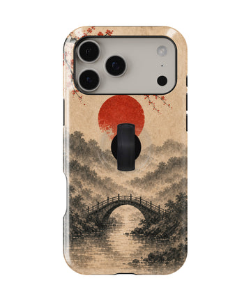 Red Sun Mountain Bridge MagSafe Loop iPhone Case with built-in finger loop closed