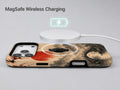 Red Sun Mountain Bridge MagSafe Loop iPhone Case shown with a MagSafe-compatible wireless charger attached