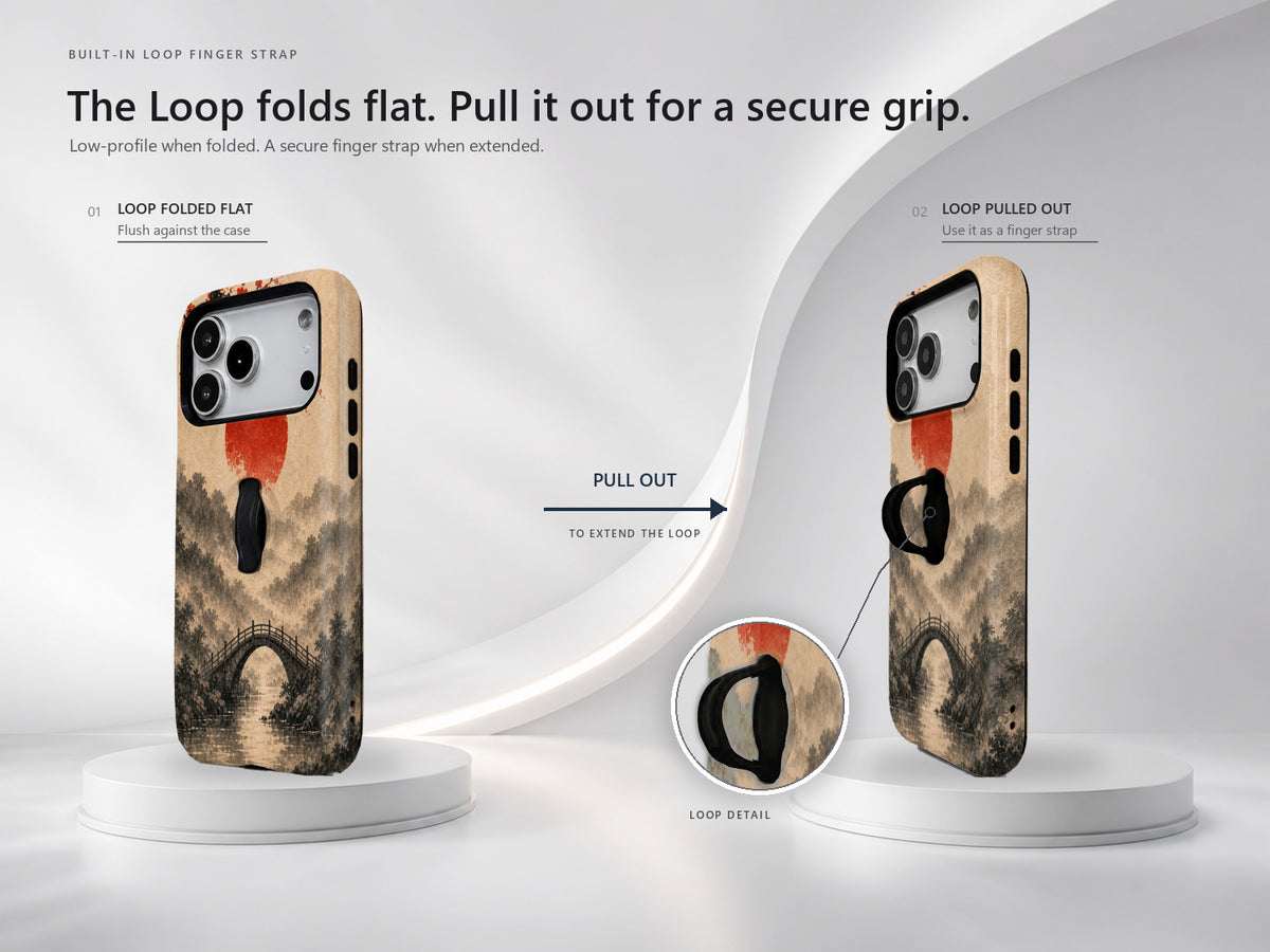 Red Sun Mountain Bridge MagSafe Loop iPhone Case side view showing the built-in finger loop