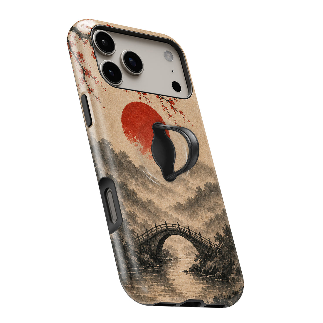Red Sun Mountain Bridge MagSafe Loop iPhone case with built-in finger loop open