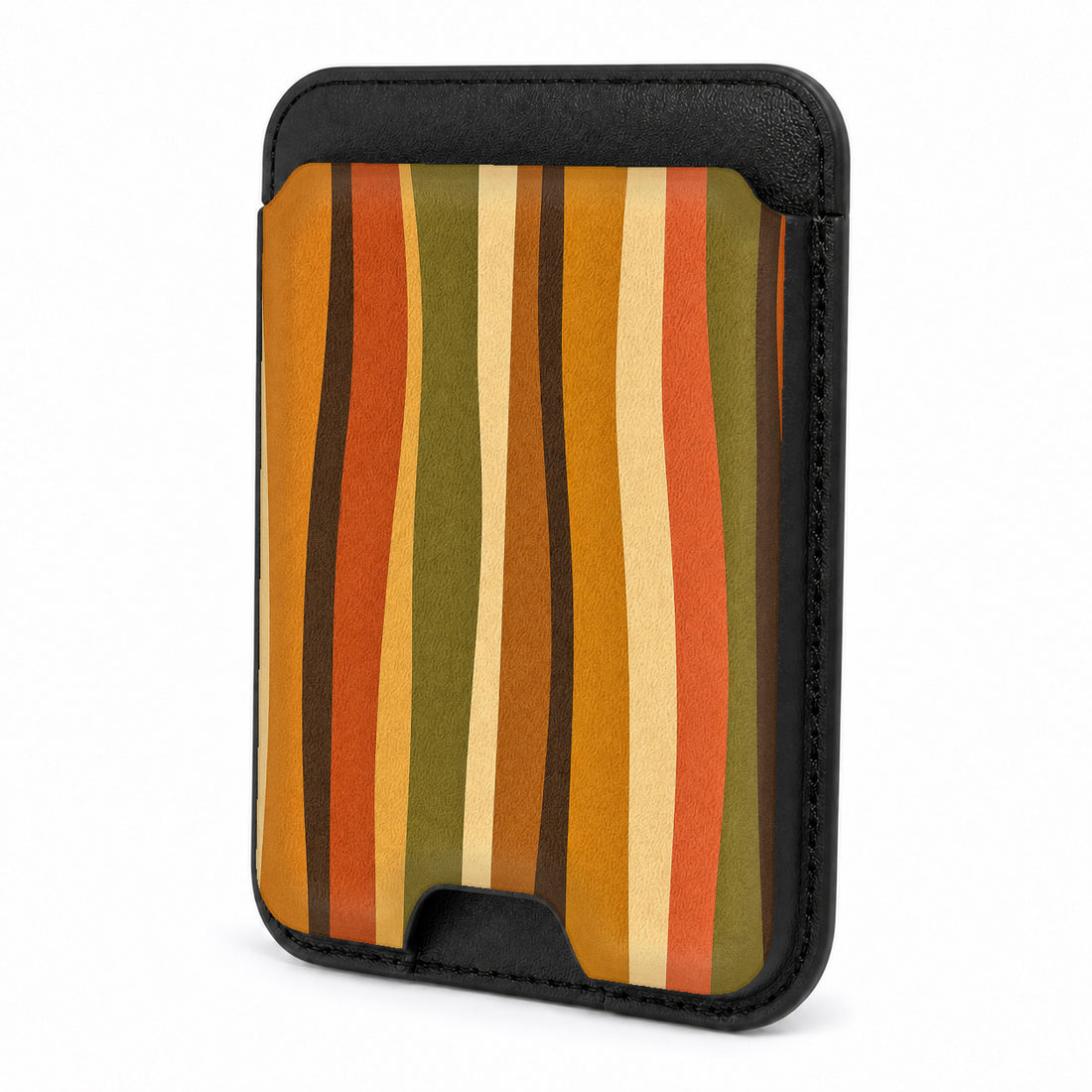 Front view of the Retro Sunset Stripe MagSafe card holder on a white background