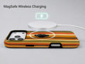 Retro Sunset Stripe MagSafe Loop iPhone Case shown with a MagSafe-compatible wireless charger attached
