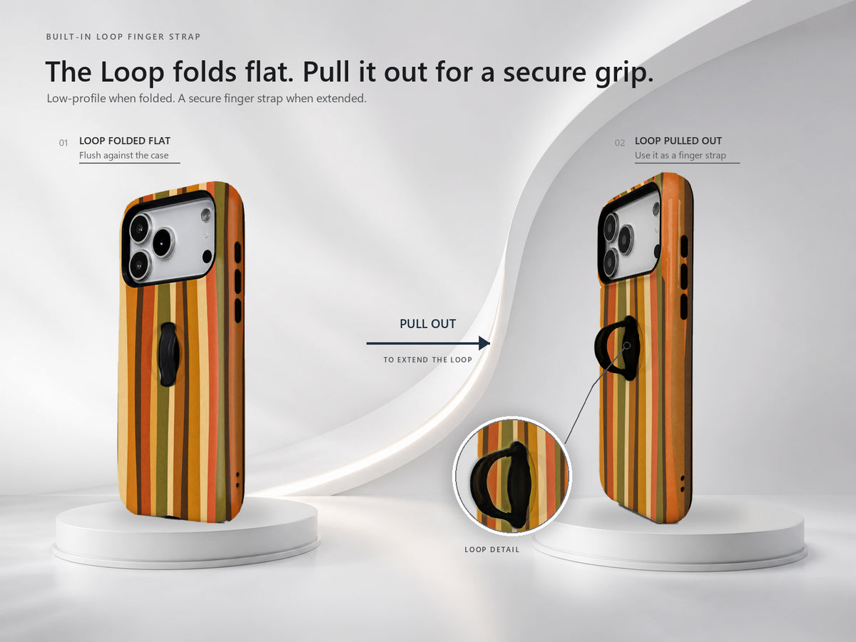 Retro Sunset Stripe MagSafe Loop iPhone Case side view showing the built-in finger loop
