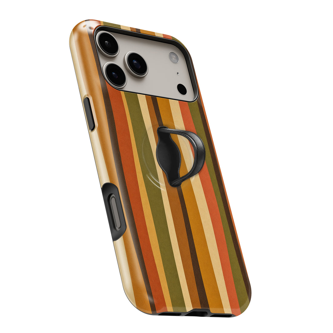 Retro Sunset Stripe MagSafe Loop iPhone case with built-in finger loop open