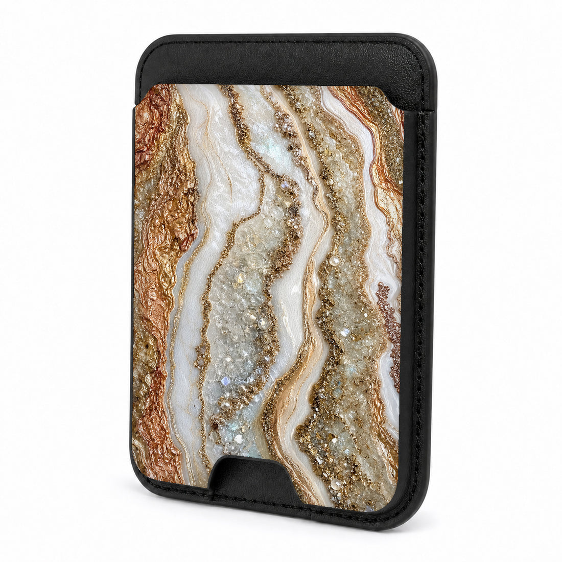 Front view of the Rose Gold Agate Marble MagSafe card holder on a white background