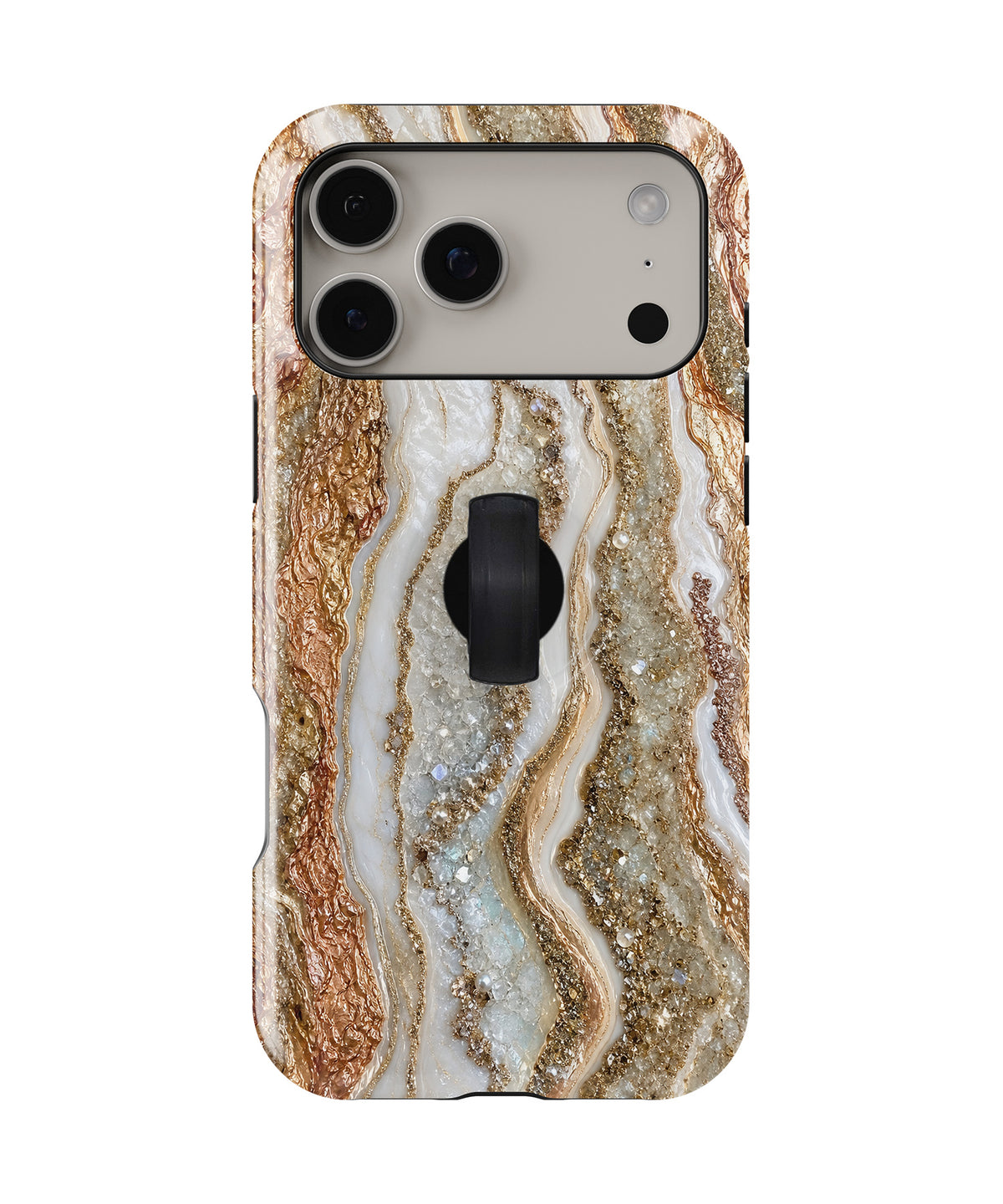 Rose Gold Agate Marble MagSafe Loop iPhone Case with built-in finger loop closed