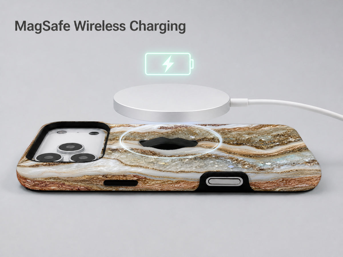 Rose Gold Agate Marble MagSafe Loop iPhone Case shown with a MagSafe-compatible wireless charger attached