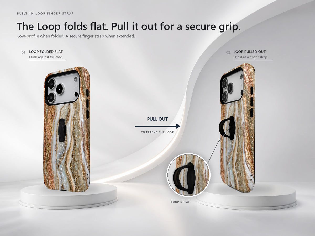 Rose Gold Agate Marble MagSafe Loop iPhone Case side view showing the built-in finger loop