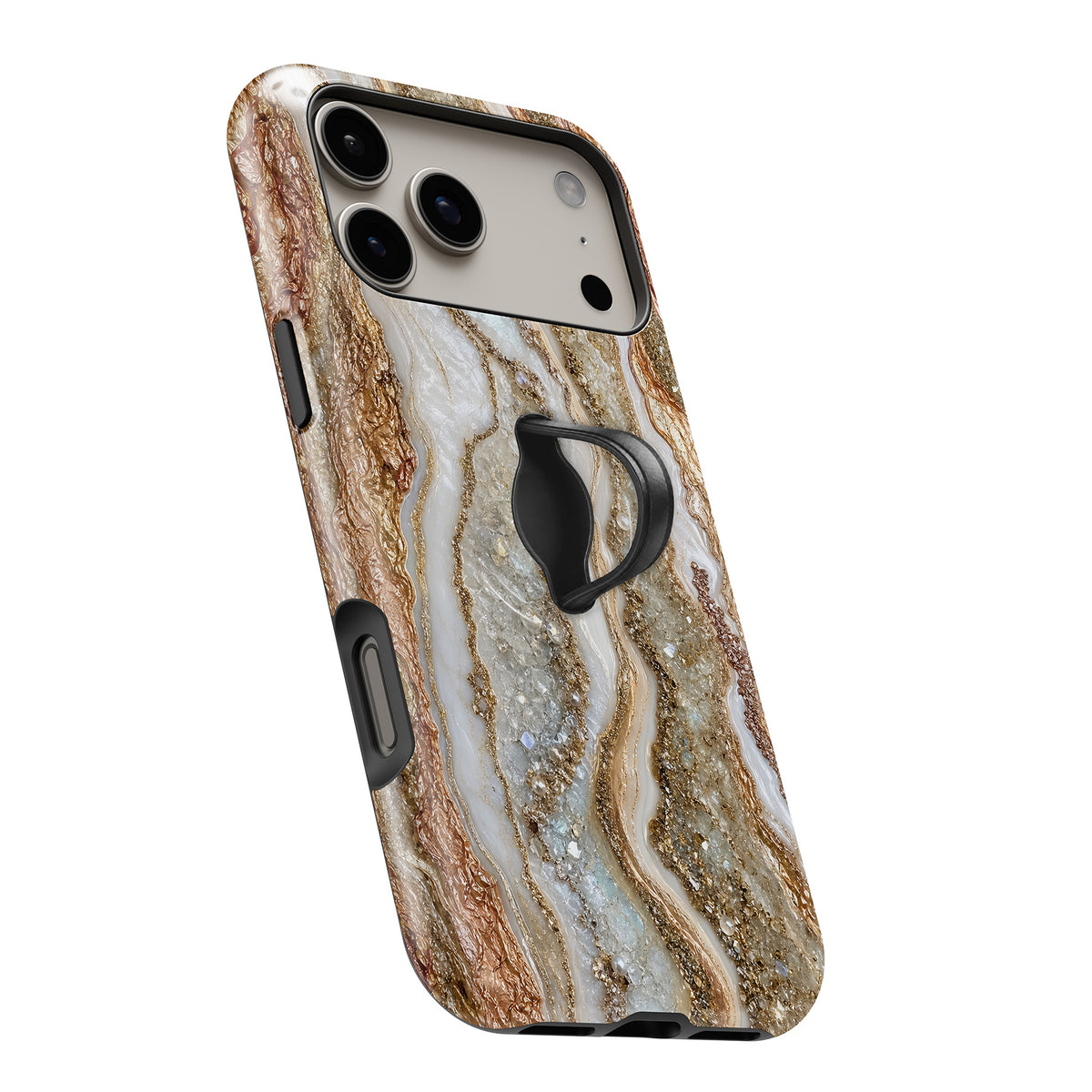 Rose Gold Agate Marble MagSafe Loop iPhone case with built-in finger loop open