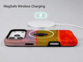 Rose Olive Scarlet Color Block MagSafe Loop iPhone Case shown with a MagSafe-compatible wireless charger attached