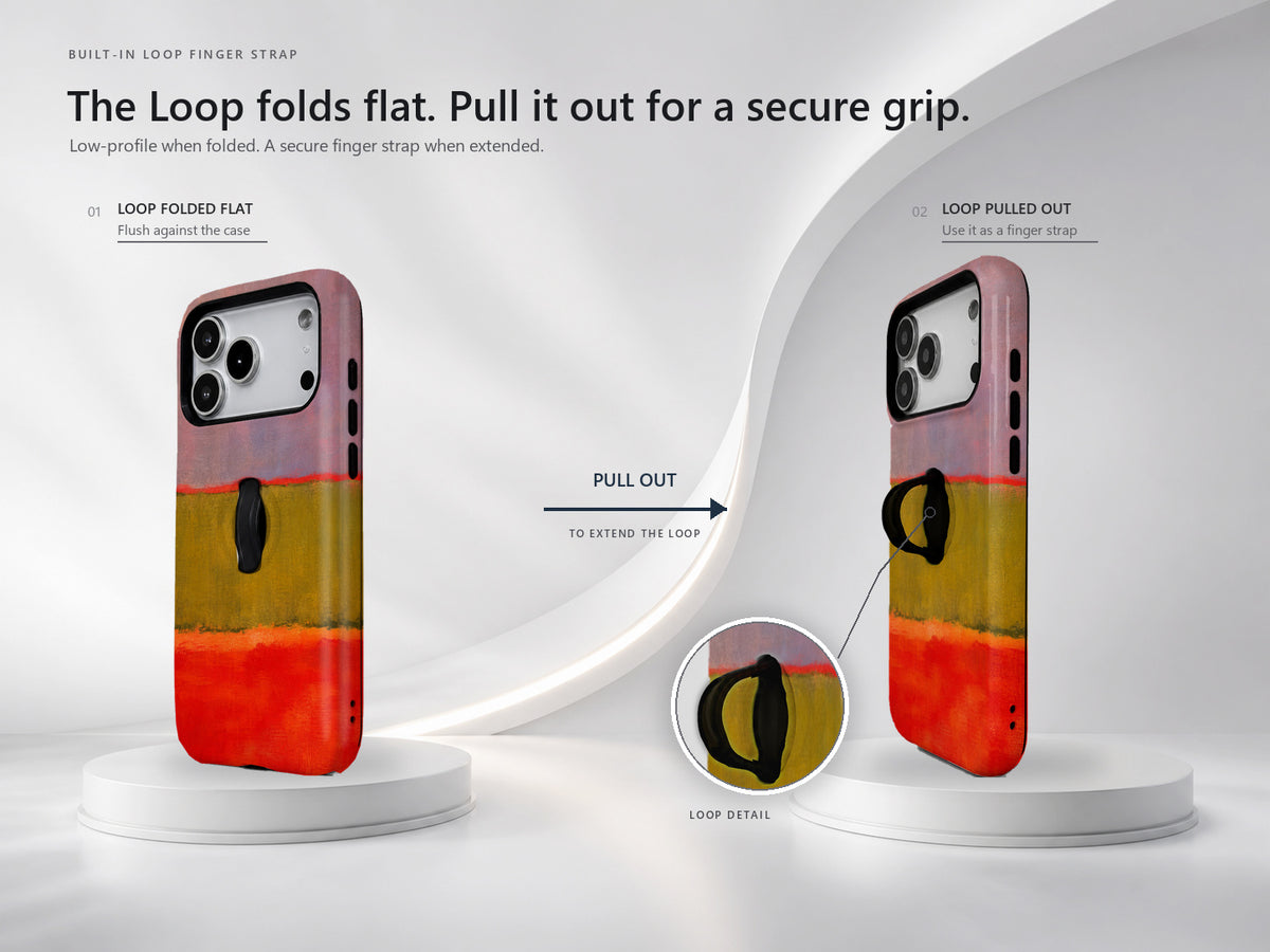 Rose Olive Scarlet Color Block MagSafe Loop iPhone Case side view showing the built-in finger loop