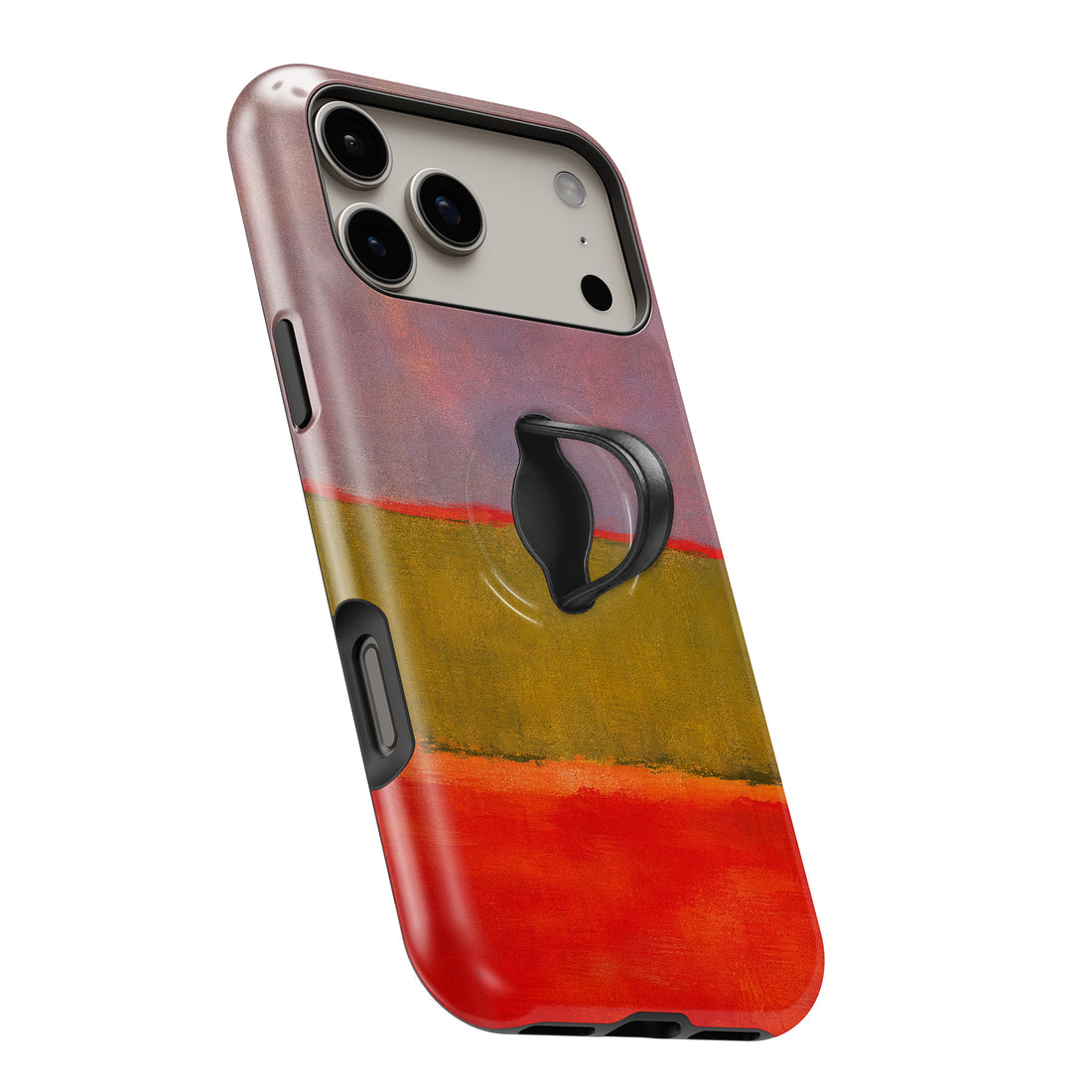Rose Olive Scarlet Color Block MagSafe Loop iPhone case with built-in finger loop open