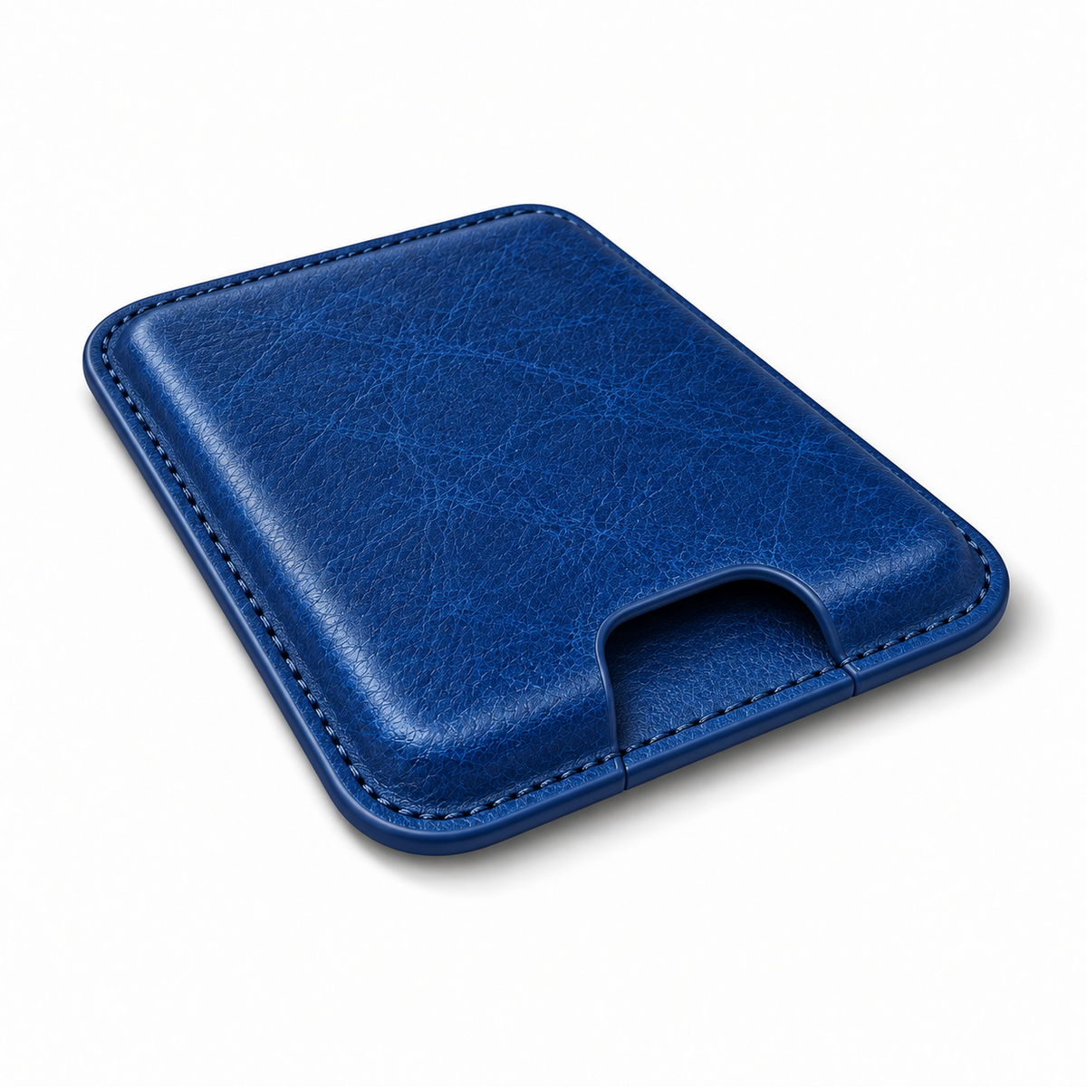 Royal Blue MagSafe card holder angled close-up showing stitching and textured finish