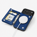 Royal blue MagSafe flip wallet case open with card slots, cash pocket and magnetic charging