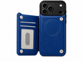 Royal blue MagSafe flip wallet case fully open showing card slots and magnetic ring