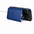 Royal blue MagSafe flip wallet case folded into a horizontal viewing stand