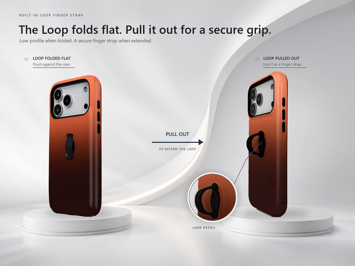 Rust Brown Ombre Gradient MagSafe Loop iPhone Case side view showing the built-in finger loop