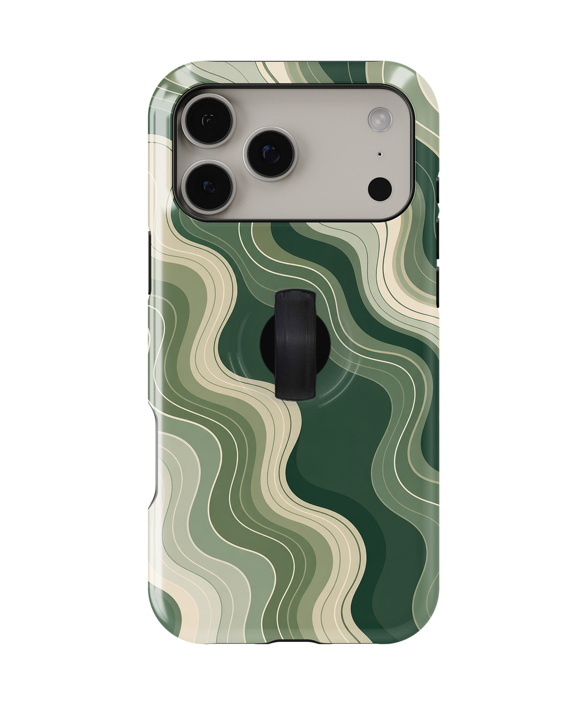 Sage Green Layered Waves MagSafe Loop iPhone Case with built-in finger loop closed