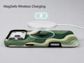Sage Green Layered Waves MagSafe Loop iPhone Case shown with a MagSafe-compatible wireless charger attached