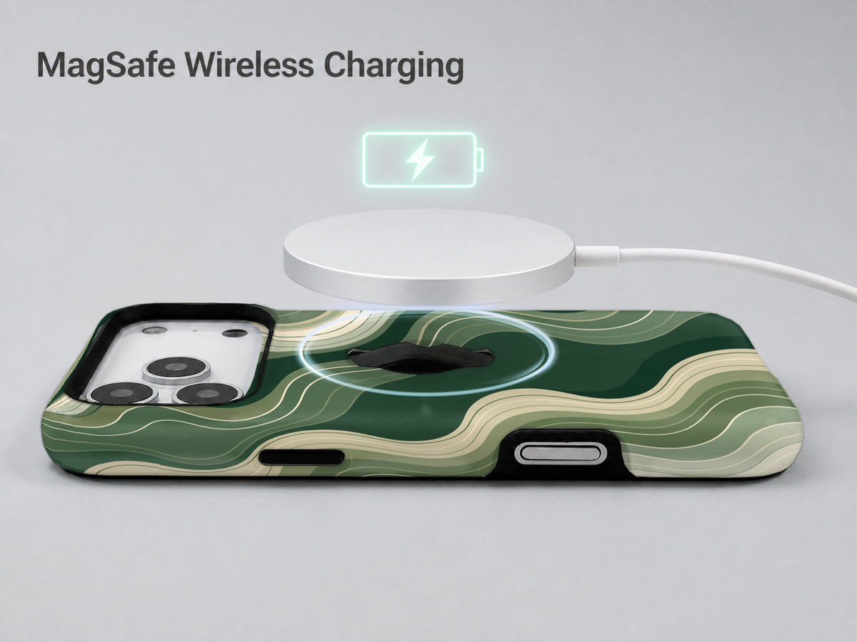 Sage Green Layered Waves MagSafe Loop iPhone Case shown with a MagSafe-compatible wireless charger attached