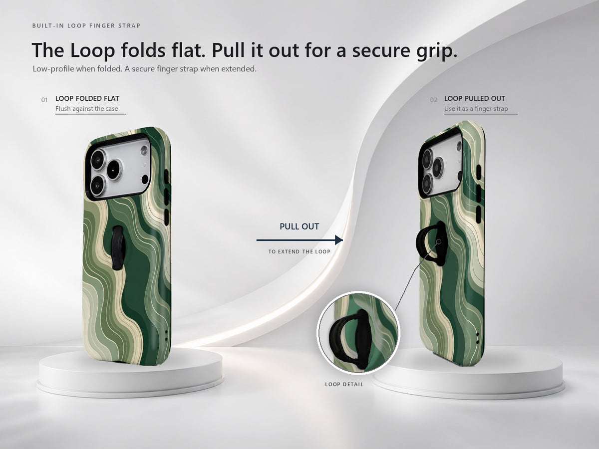 Sage Green Layered Waves MagSafe Loop iPhone Case side view showing the built-in finger loop
