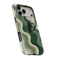 Sage Green Layered Waves MagSafe Loop iPhone case with built-in finger loop open
