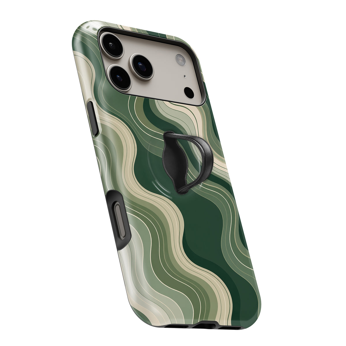 Sage Green Layered Waves MagSafe Loop iPhone case with built-in finger loop open