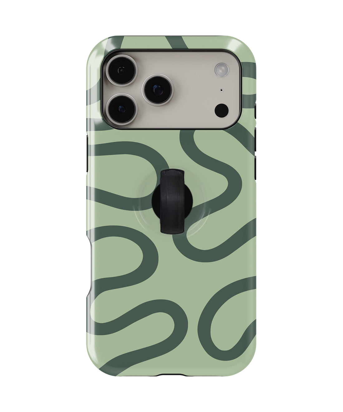 Sage Green Retro Swirl MagSafe Loop iPhone Case with built-in finger loop closed