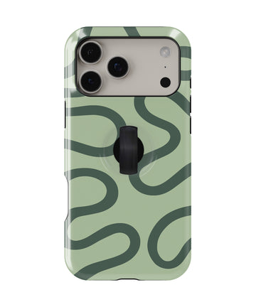 Sage Green Retro Swirl MagSafe Loop iPhone Case with built-in finger loop closed