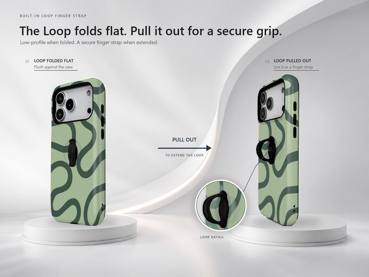 Sage Green Retro Swirl MagSafe Loop iPhone Case side view showing the built-in finger loop