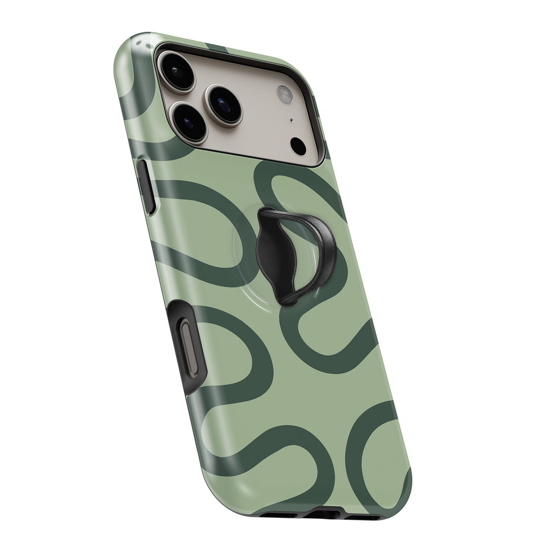 Sage Green Retro Swirl MagSafe Loop iPhone case with built-in finger loop open
