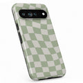 Sage Green Wavy Checkerboard Google Pixel case with repeating checkerboard blocks