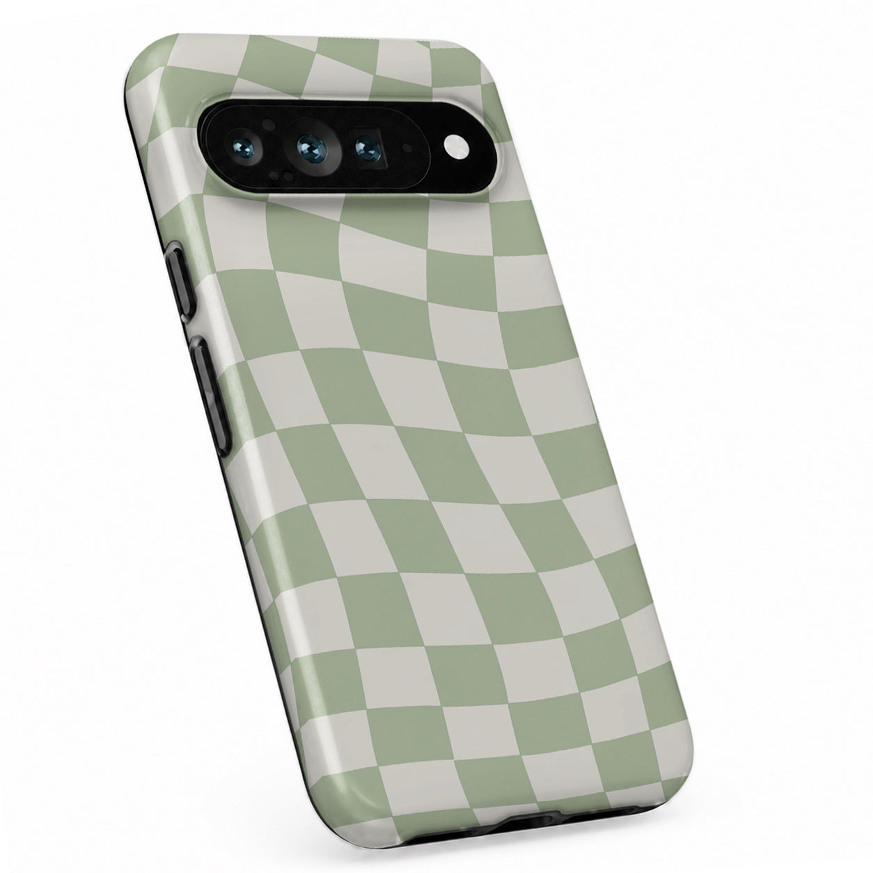 Sage Green Wavy Checkerboard Google Pixel case with repeating checkerboard blocks