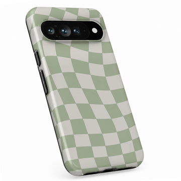 Sage Green Wavy Checkerboard Google Pixel case with repeating checkerboard blocks