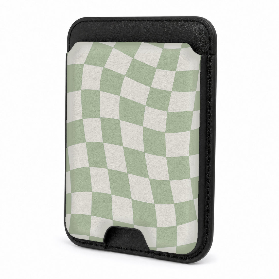 Front view of the Sage Green Wavy Checkerboard MagSafe card holder on a white background