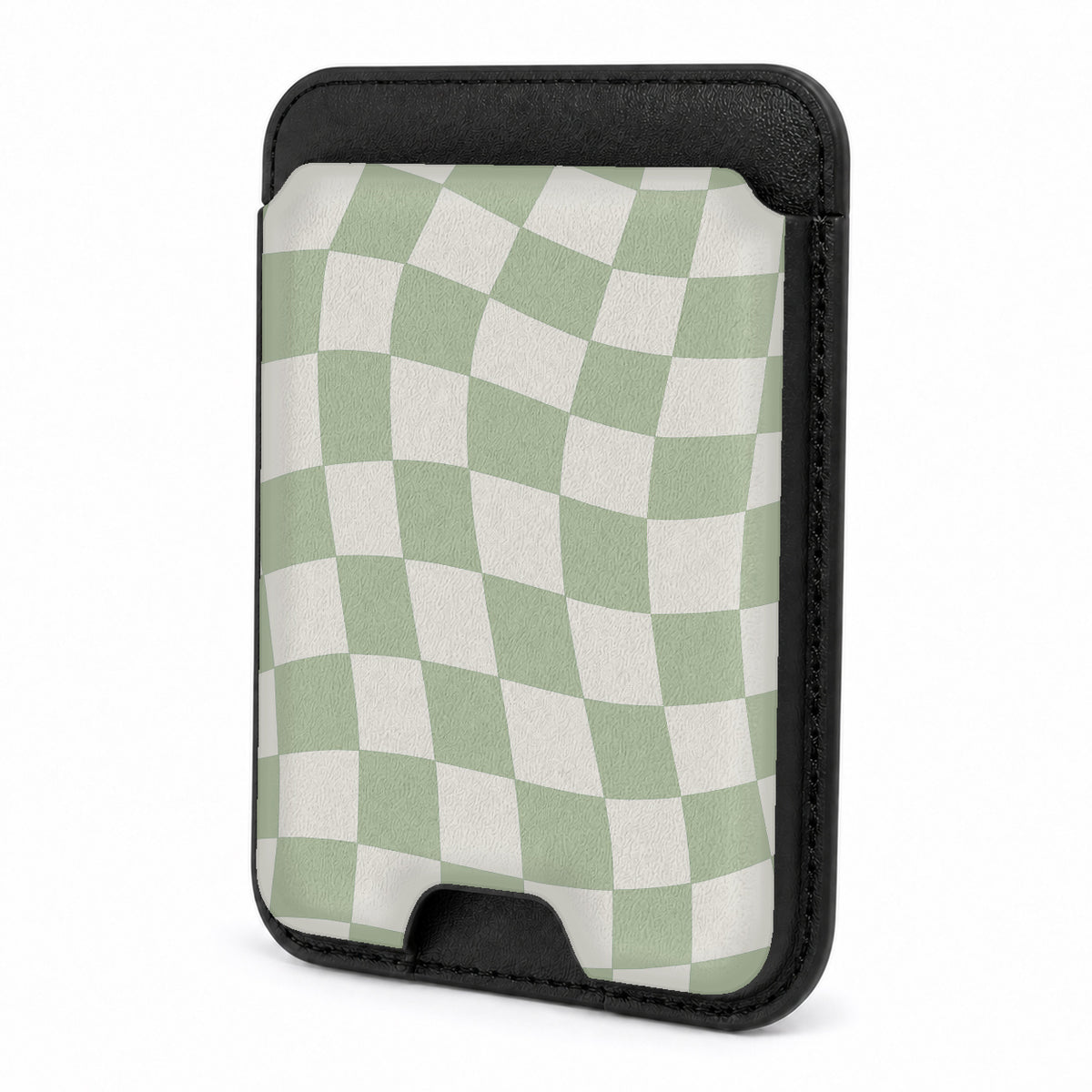 Front view of the Sage Green Wavy Checkerboard MagSafe card holder on a white background