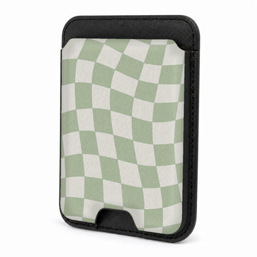 Front view of the Sage Green Wavy Checkerboard MagSafe card holder on a white background