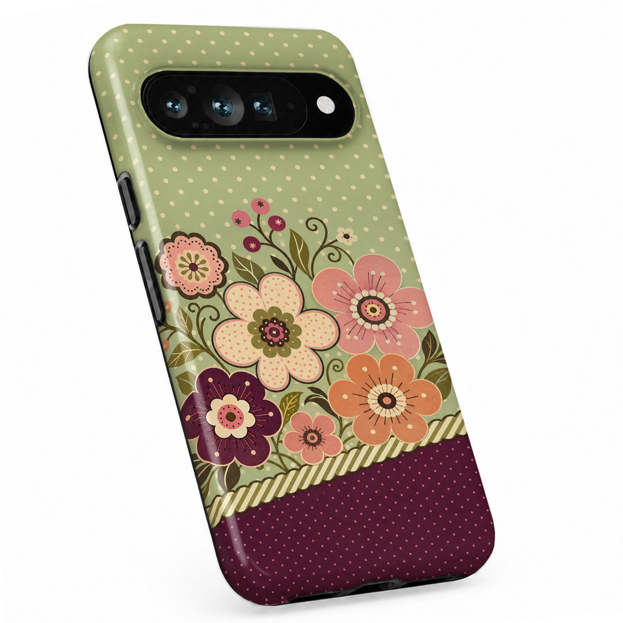 Sage Retro Folk Floral Google Pixel case with botanical flowers and leaves