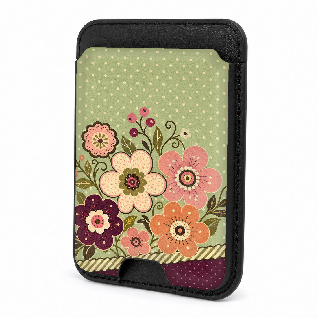 Front view of the Sage Retro Folk Floral MagSafe card holder on a white background