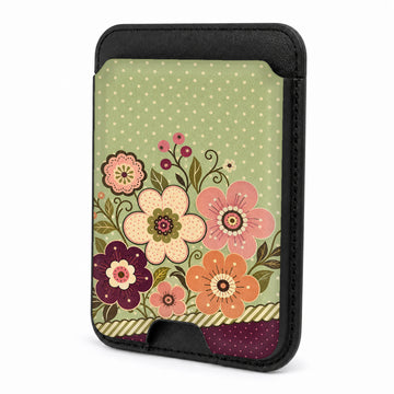 Front view of the Sage Retro Folk Floral MagSafe card holder on a white background