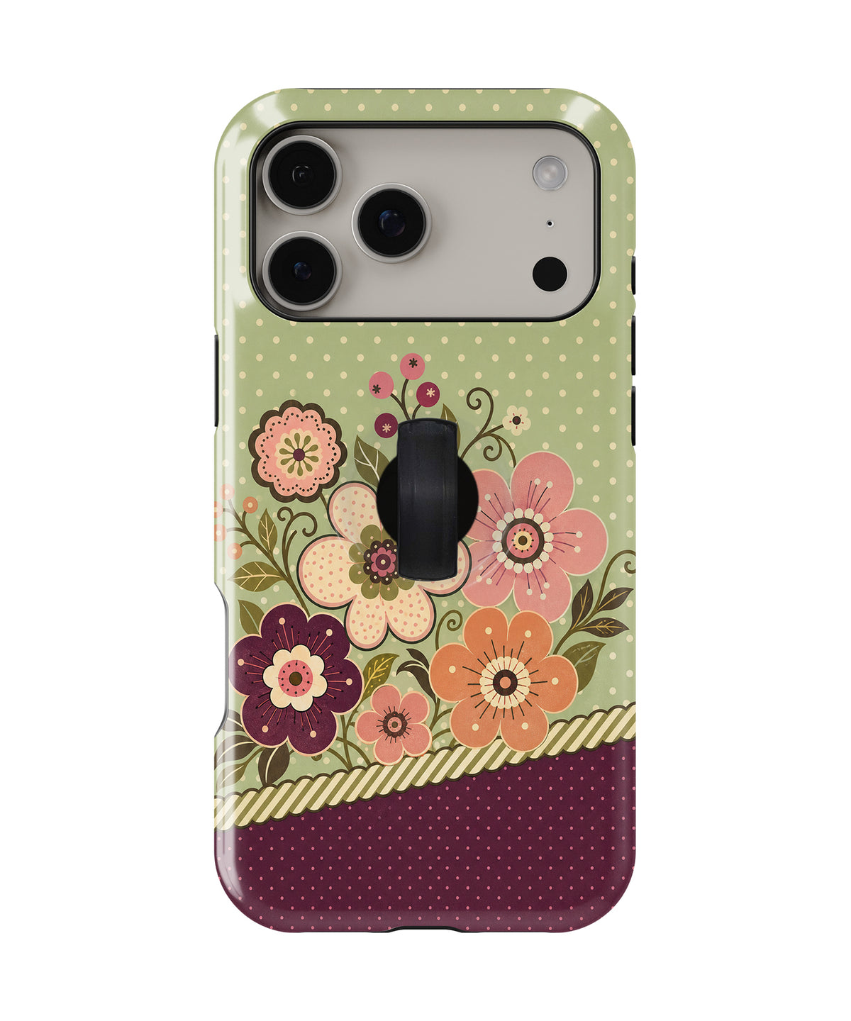 Sage Retro Folk Floral MagSafe Loop iPhone Case with built-in finger loop closed