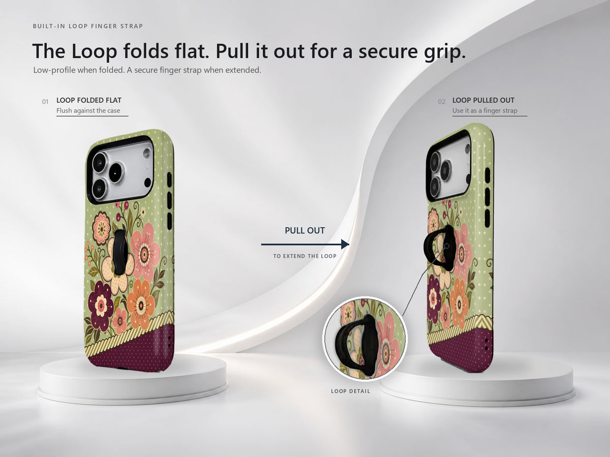Sage Retro Folk Floral MagSafe Loop iPhone Case side view showing the built-in finger loop