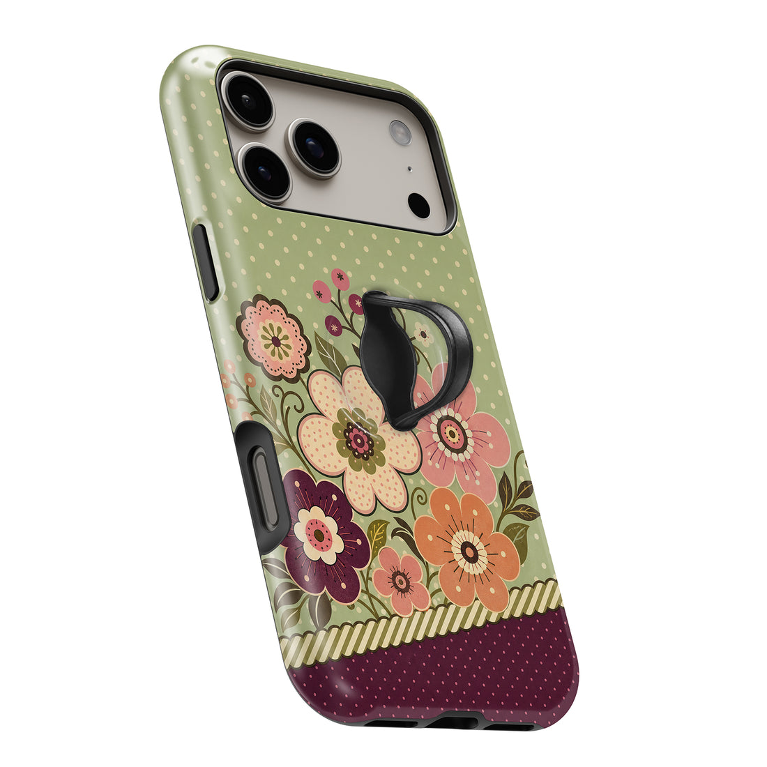 Sage Retro Folk Floral MagSafe Loop iPhone case with built-in finger loop open
