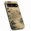 Sepia Mountain Pagoda Google Pixel case with illustrated scenic artwork
