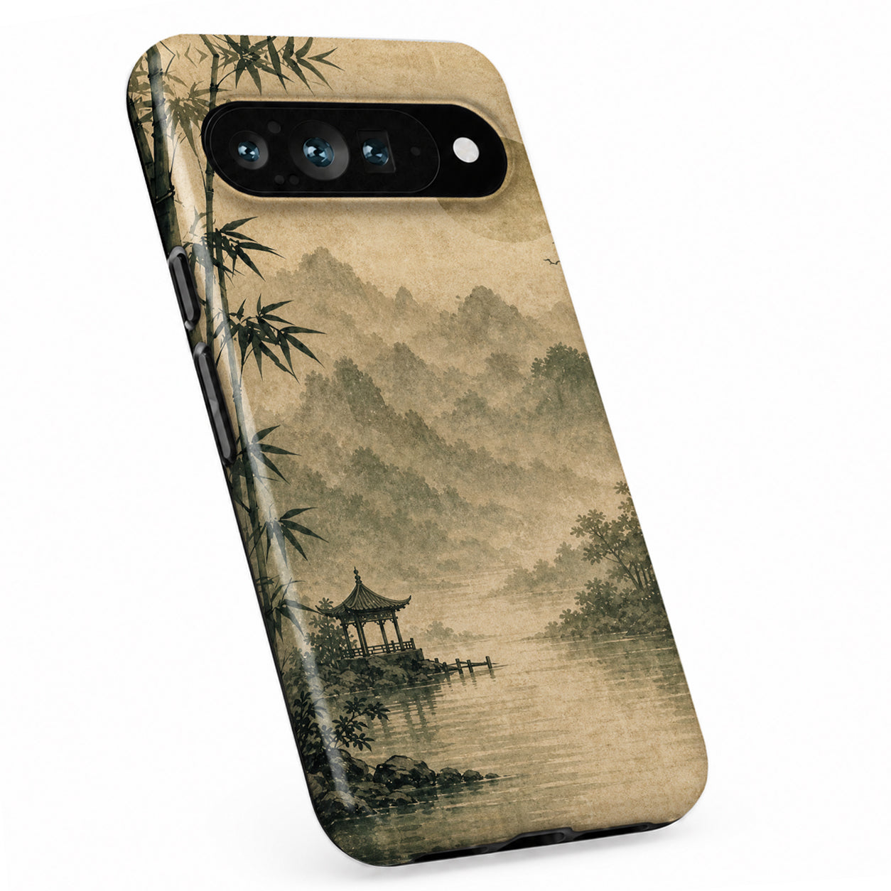 Sepia Mountain Pagoda Google Pixel case with illustrated scenic artwork