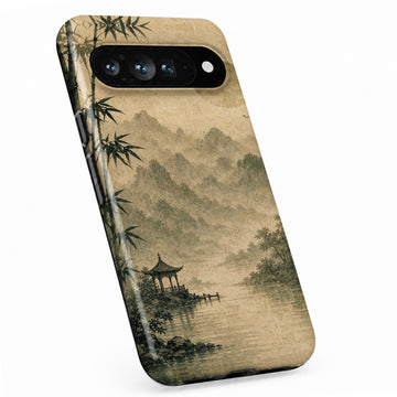 Sepia Mountain Pagoda Google Pixel case with illustrated scenic artwork