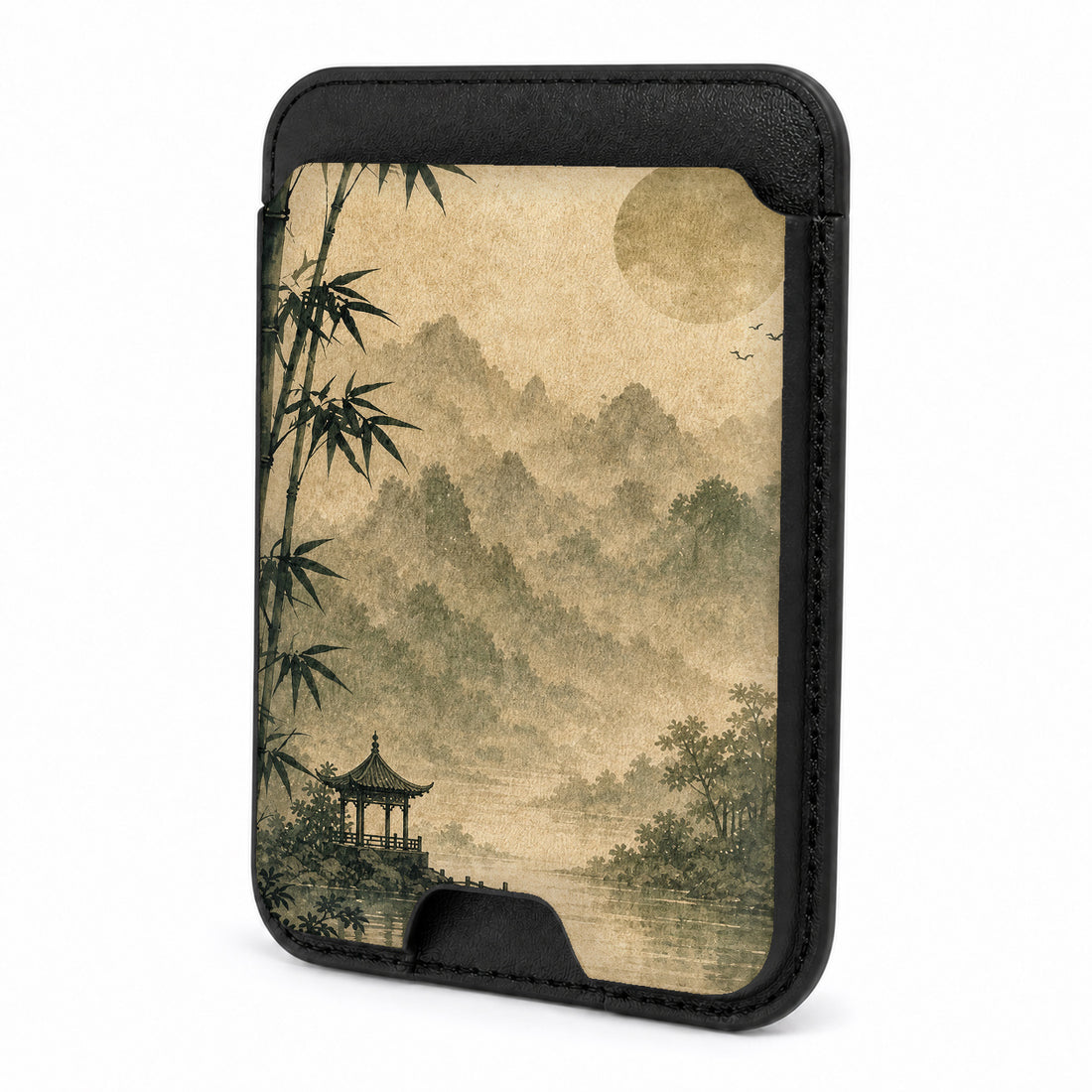 Front view of the Sepia Mountain Pagoda MagSafe card holder on a white background