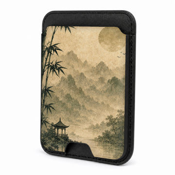 Front view of the Sepia Mountain Pagoda MagSafe card holder on a white background