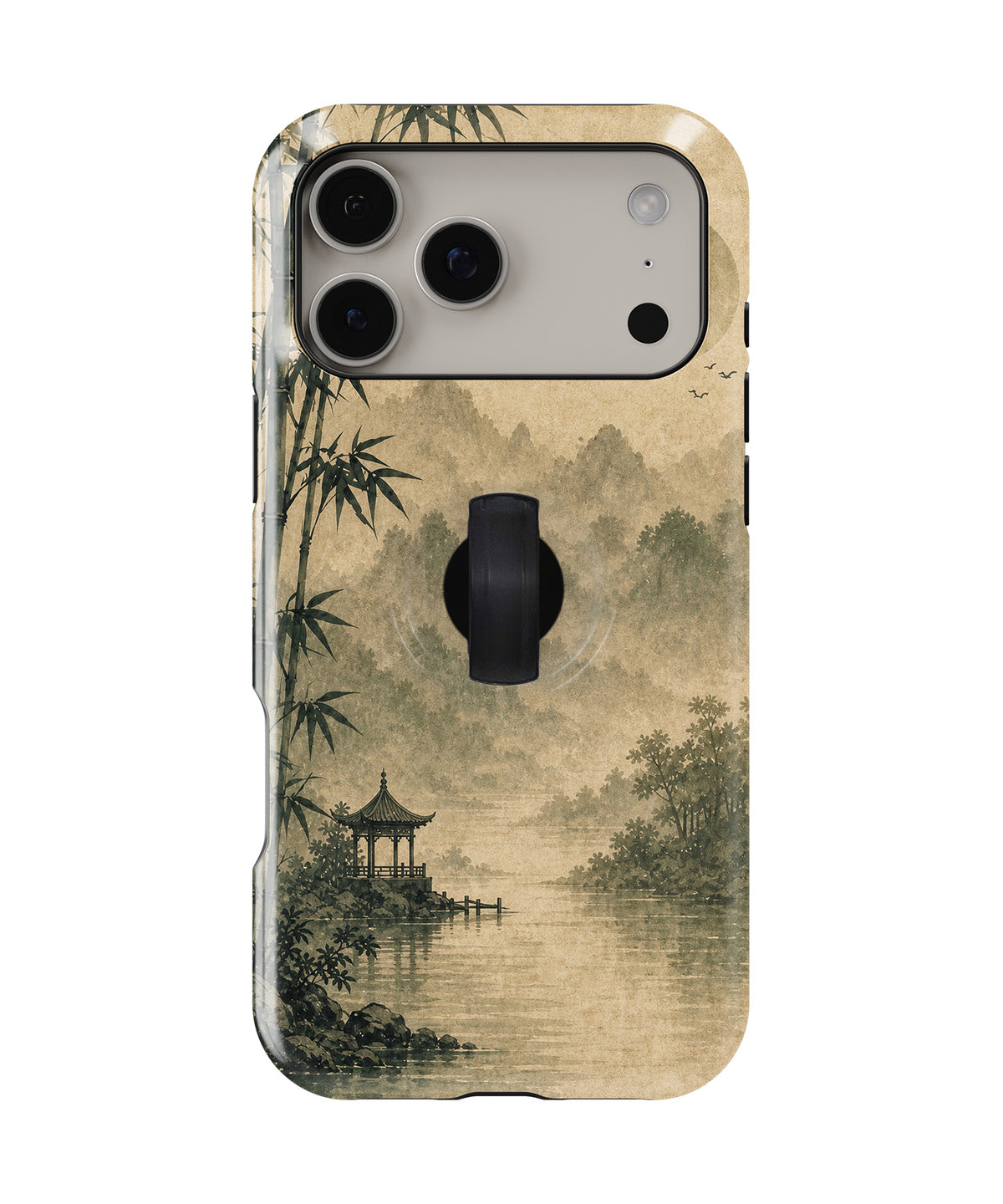 Sepia Mountain Pagoda MagSafe Loop iPhone Case with built-in finger loop closed